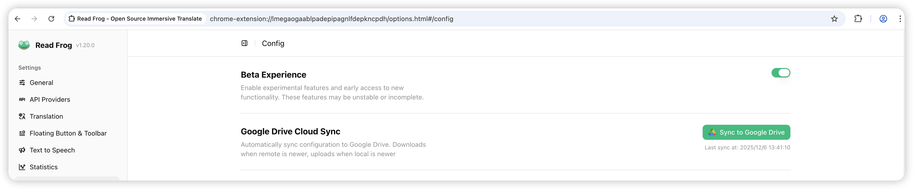 Options Page Image - Google Drive Sync Feature