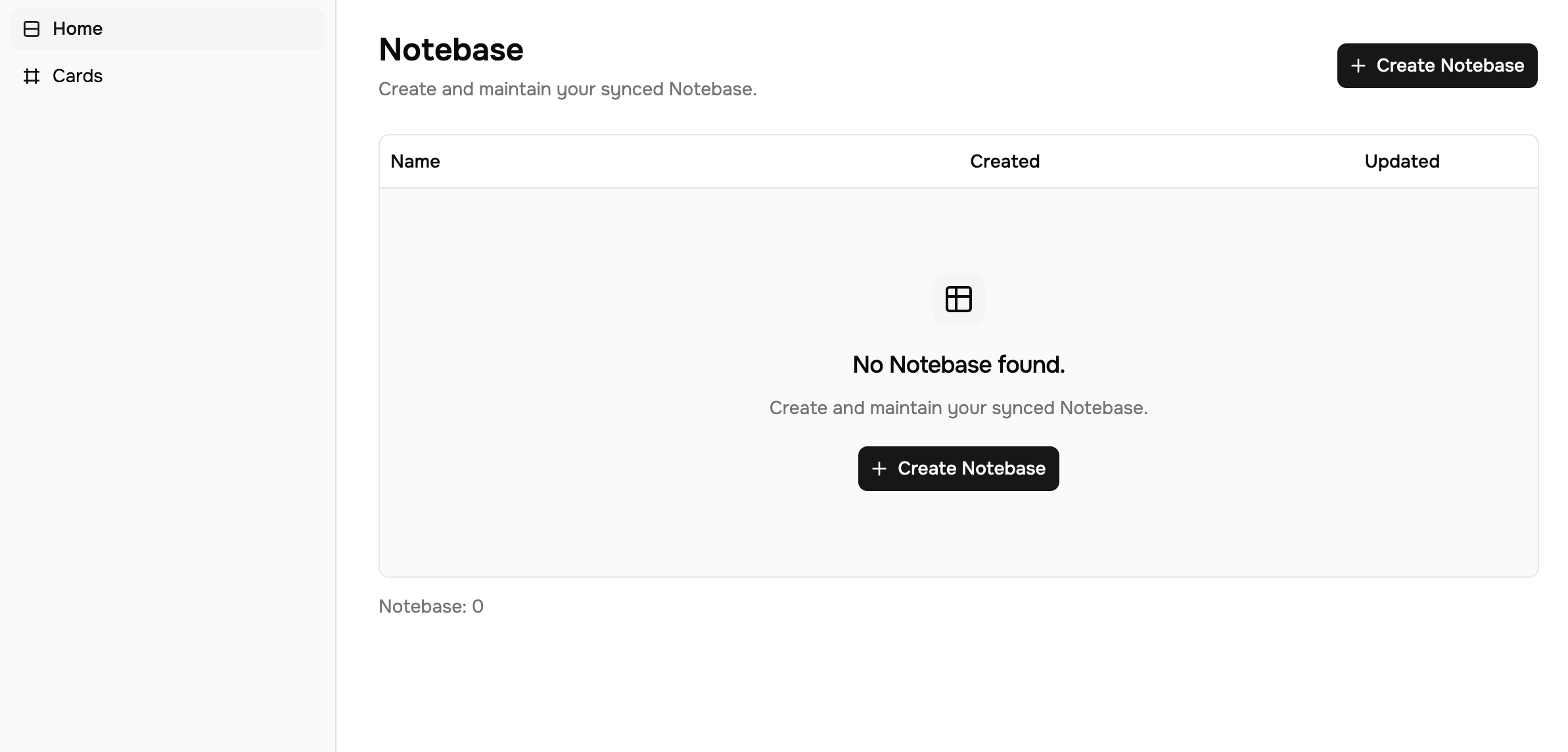The Create Notebase button on the readfrog.app workspace home page